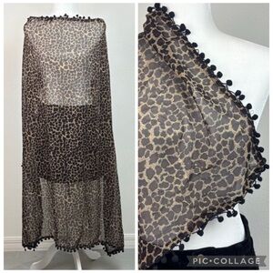 Square Leopard Print Pom Pom scarf semi sheer 43” x 43”